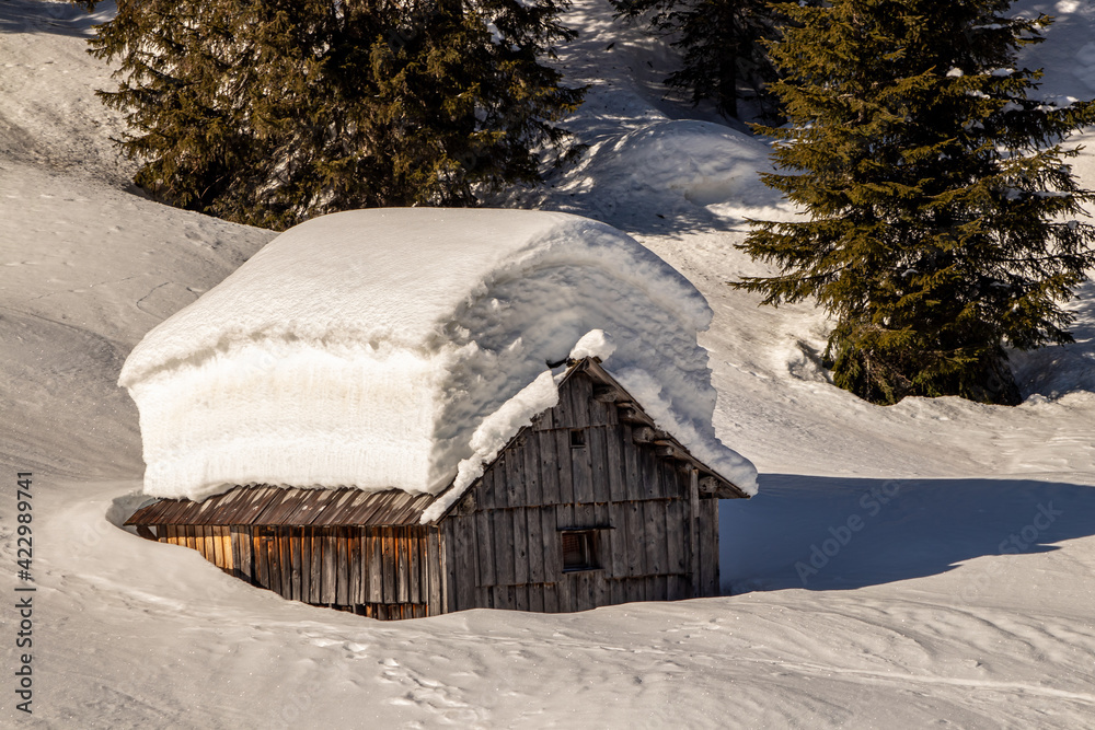 Mountain hut covered in snow, Jezero Mountain hut covered in snow, Jezero