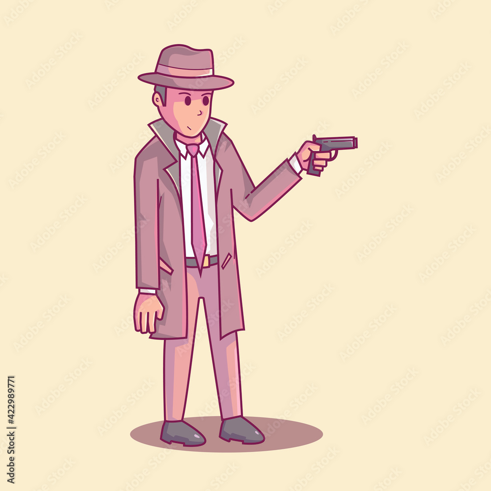 Detective cartoon illustration. the detective had a gun