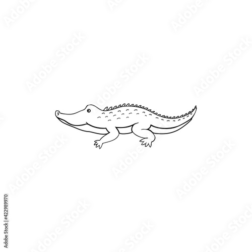 Cute cartoon little outline crocodile isolated on white background, Vector doodle Illustration, wild animal, Character design for baby shower, greeting card, children invite, creation of alphabet