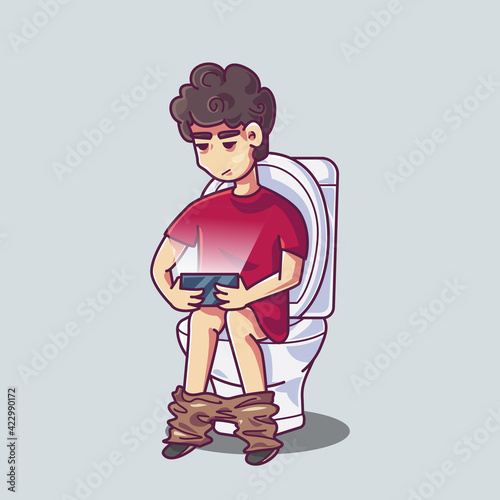 Boy is playing cell phone while defecating. Cartoon illustration