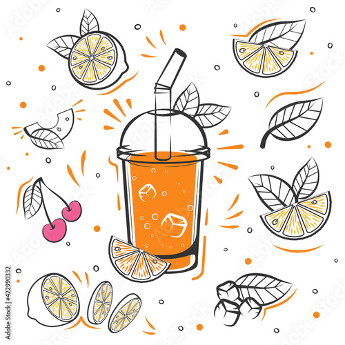 Orange smoothie recipe. With illustration of ingredients. Sketch smoothie.