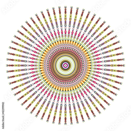 Creative multicolored points round symbol. Abstract symmetrical logo. Mosaic colorful beautiful beads. Circle dots modern pixel floral art icon. Colored pattern ornament wheel decorative illustration.
