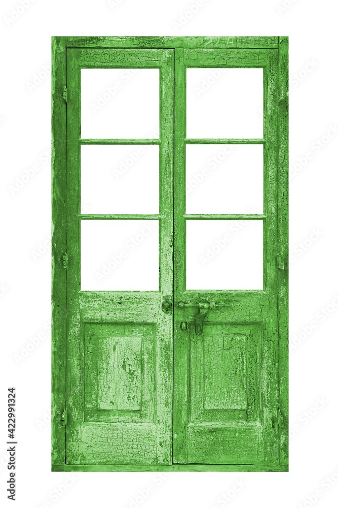Obraz premium Old green vintage wooden door isolated on a white background