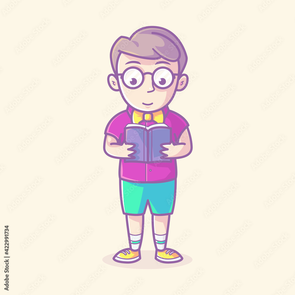 nerdy boy reading a book. cartoon vector