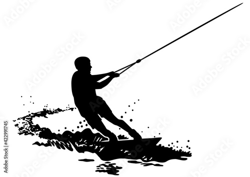 Wakeboarder surfs on water wave / Black silhouette