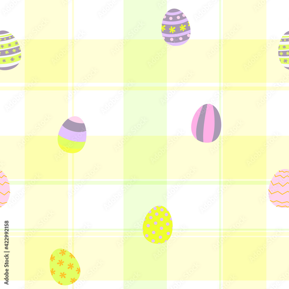 Spring cute white pattern with egg. Happy easter seamless background. Textiles for children in a yellow cage. Digital paper scrapbook.