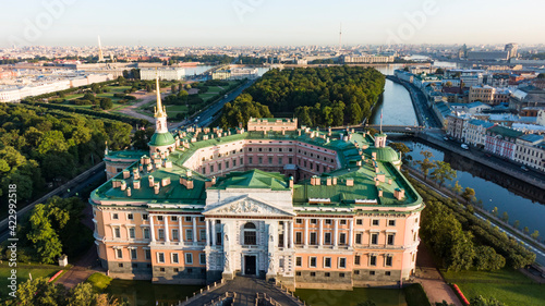 Stunning aerial view of the st.Mikhailovsky castle in St. Petersburg. Historical city center.