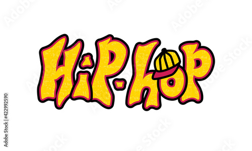 Vector illustration of hip hop isolated lettering with a baseball cap for banner, poster, dance studio advertisement, signage, clothing, accessories design. Creative handwritten text for the internet 
