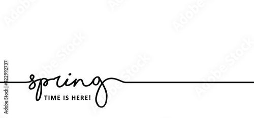 Slogan spring time is here. Springtime, let the spring begin Flat vector sign. Greeting for spring season.