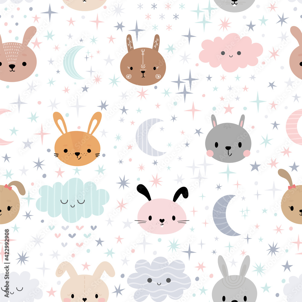 Cute seamless pattern for kids with cartoon little bunnies. Children background with moon, stars and clouds. Lovely animals Cute seamless pattern for kids with cartoon little bunnies. Children background with moon, stars and clouds. Lovely animals
