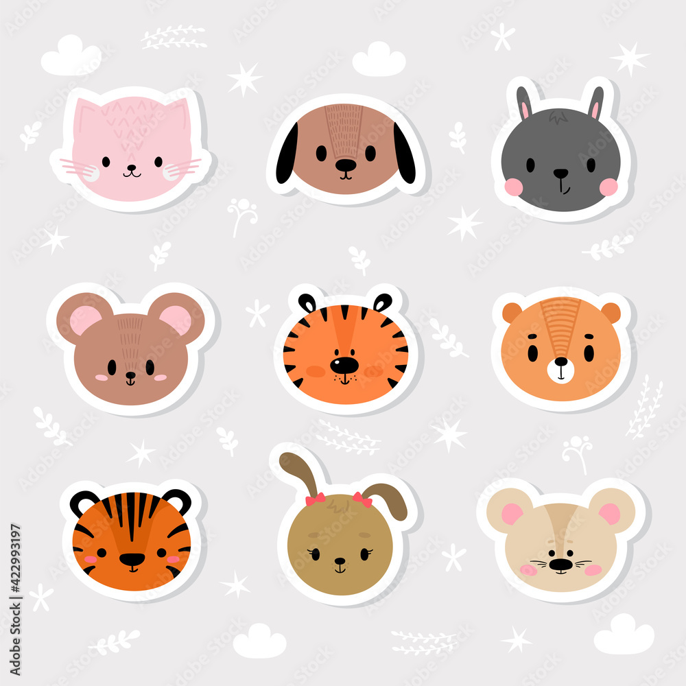 Set of cartoon stickers with animals for kids. Cute hand drawn characters. Sweet smiley faces Set of cartoon stickers with animals for kids. Cute hand drawn characters. Sweet smiley faces