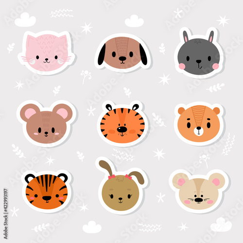 Set of cartoon stickers with animals for kids. Cute hand drawn characters. Sweet smiley faces
