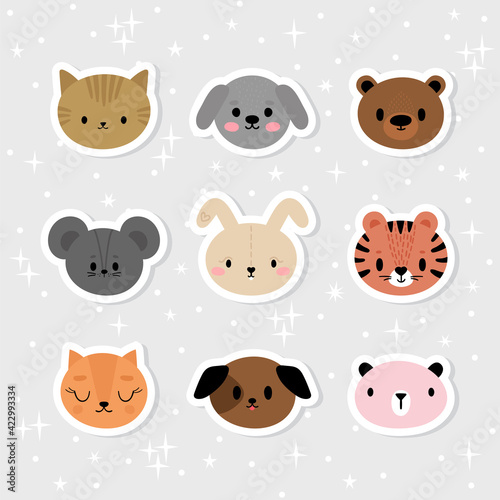 Fototapeta Naklejka Na Ścianę i Meble -  Set of cartoon stickers with animals for kids. Sweet smiley faces. Cute hand drawn characters