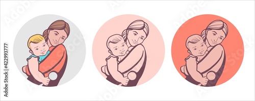 A set of three stylish logos. A young happy woman embraces a child. Color illustration of the female theme of motherhood and childhood.