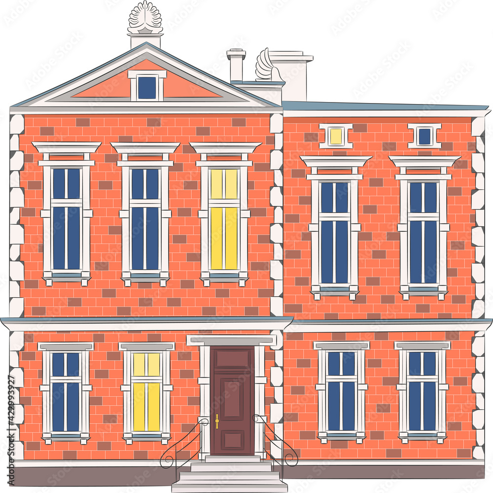 Fototapeta premium A beautiful two-storey brick house with pipes on the roof.
