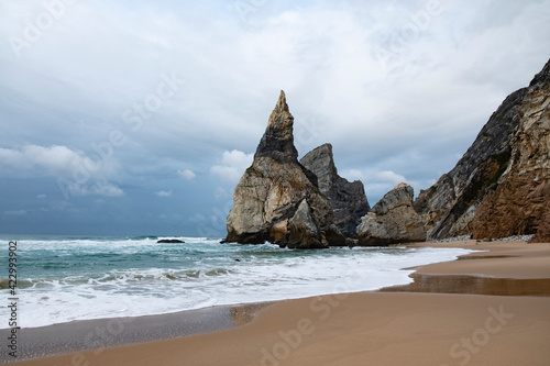 Beautiful rock on the shore of the ocean at Cape ROCA in Portugal to the most Western point of Eurasia