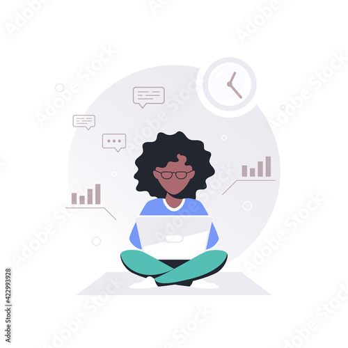 Young black woman working on laptop, flat design vector