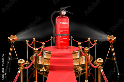 Podium with fire extinguisher, 3D rendering