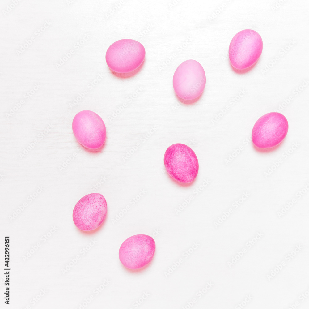 Easter eggs on white background. Easter concept. Top view.