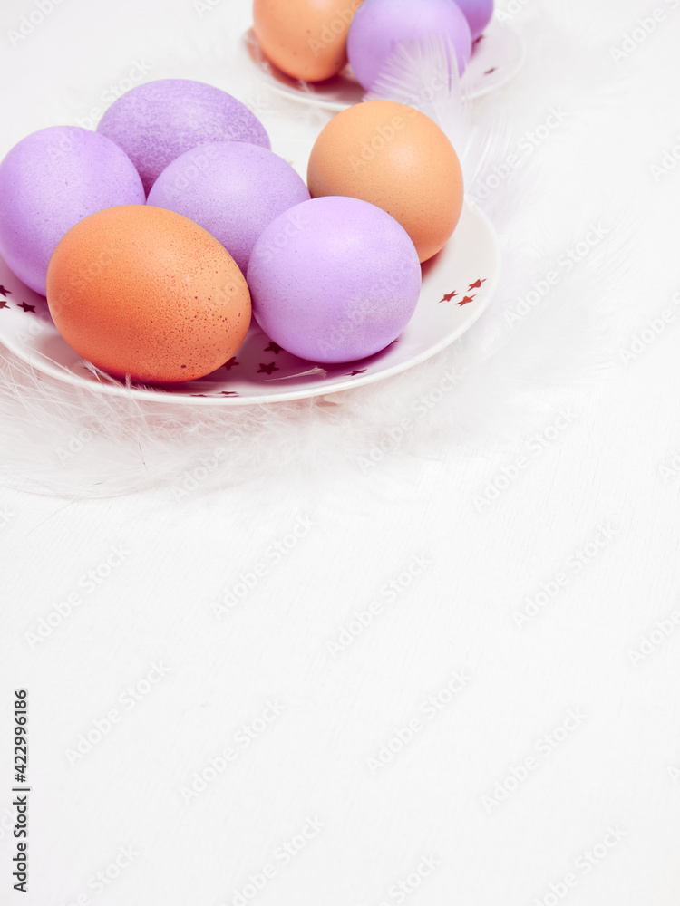 Colored eggs on plate with on white background. Copy space. Easter concept. Colored eggs on plate with on white background. Copy space. Easter concept.