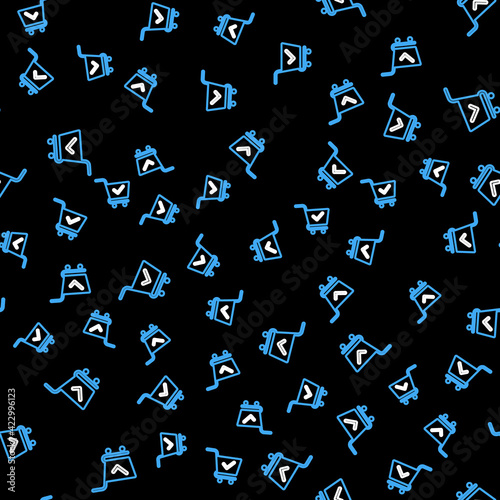 Line Shopping cart with check mark icon isolated seamless pattern on black background. Supermarket basket with approved, confirm, done, tick, completed symbol. Vector