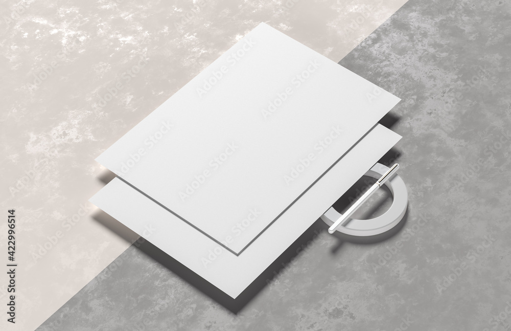 A4 size white paper mock up isolated on soft background. Blank portrait A4 mock up. 3D illustration.