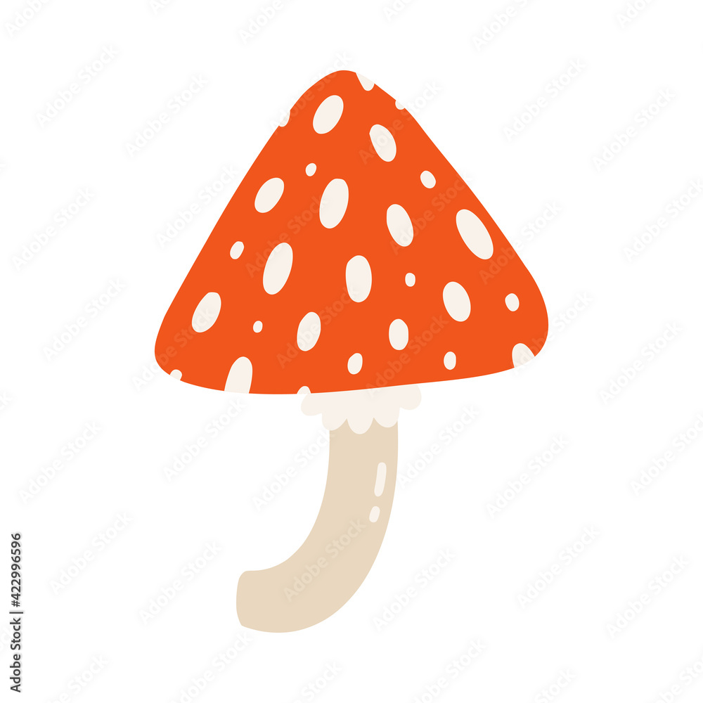Red-spotted fly agaric or amanita. Beautiful mushroom with inedible dotted cape. Hand-drawn colored flat vector illustration isolated on white background Red-spotted fly agaric or amanita. Beautiful mushroom with inedible dotted cape. Hand-drawn colored flat vector illustration isolated on white background