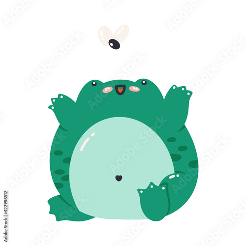 Vector illustration of a green frog catching a fly. Cute cartoon toad. Frog isolated on a white background