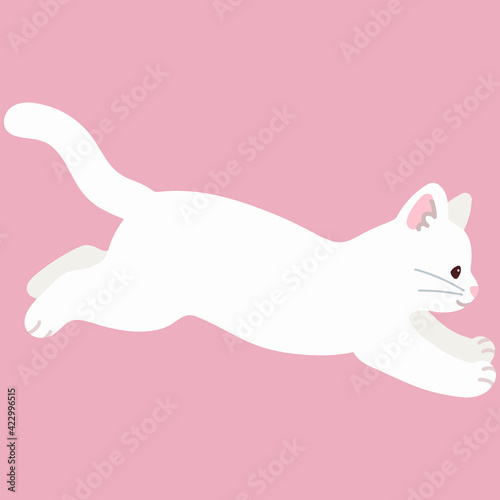 Simple and adorable white cat jumping in side view flat colored