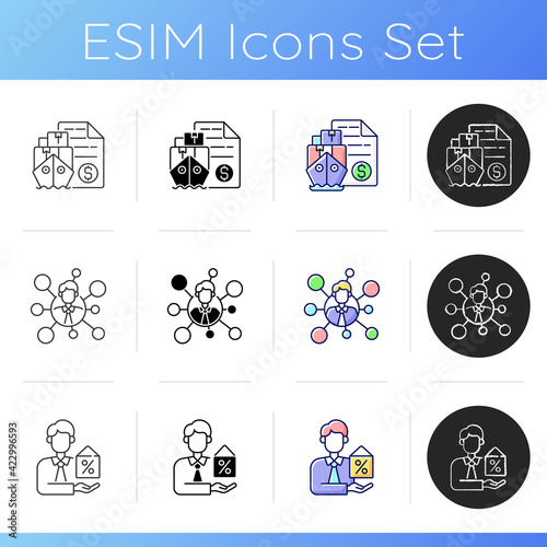 Business expert icons set. Freight and cargo shipping. Broker connections. Mortgage advisor. Business and commercial deals. Linear, black and RGB color styles. Isolated vector illustrations