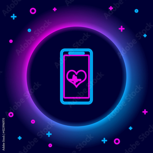 Glowing neon line Smartphone with free wi-fi wireless connection icon isolated on black background. Wireless technology, wi-fi connection, wireless network. Colorful outline concept. Vector