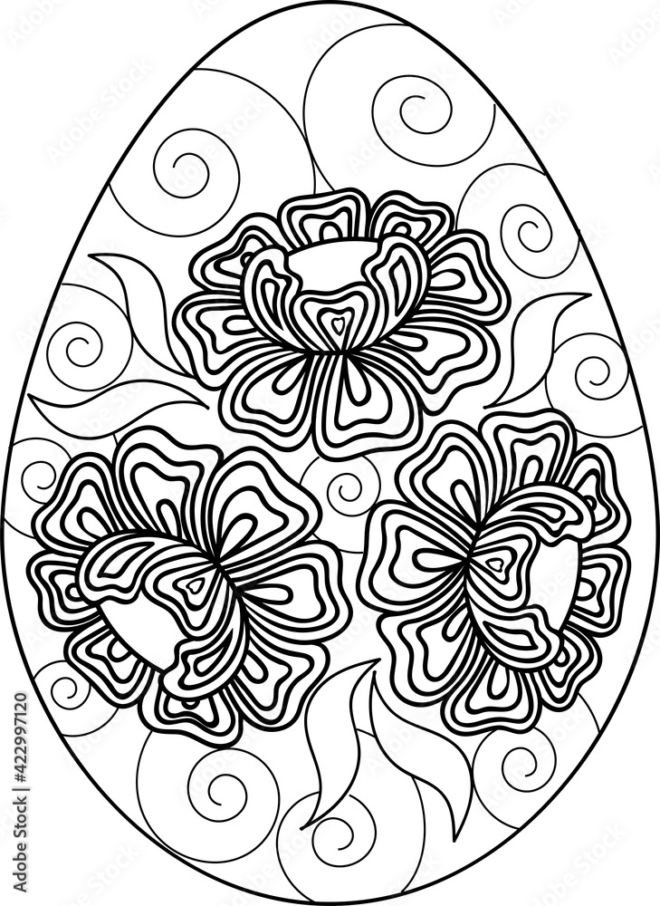 Hand drawn black and white eggs with flowers. Can be used for Easter handmade postcard with chicken eggs, or adult coloring book page.