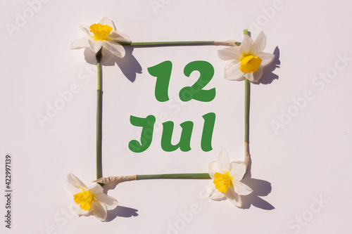 July 12th. Day 12 of the month, calendar date. Frame from flowers of a narcissus on a light background, pattern. View from above. Summer month, day of the year concept