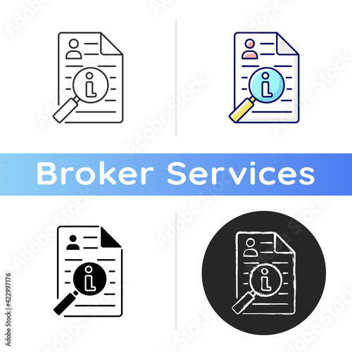 Information broker icon. Market reserach. Monitoring business, optimization and management. Analyze data. Brokerage services. Linear black and RGB color styles. Isolated vector illustrations