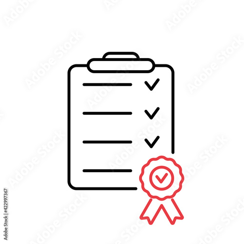 Certificate line icon. Black checklist thin line icon. Checklist of certificate quality. Red award pictogram. Vector