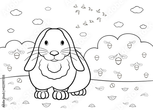 Rabbit is standing in a autumn lawn. Illustration for coloring book.