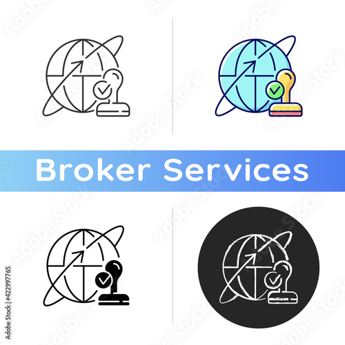 Custom broker icon. Global distribution. International shipment. Importing and exporting goods. Trading deal for business. Linear black and RGB color styles. Isolated vector illustrations