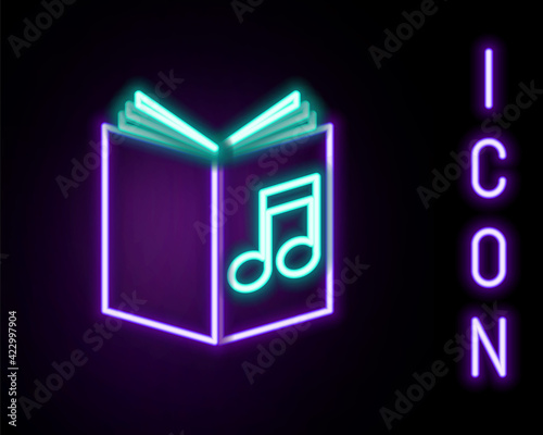 Glowing neon line Audio book icon isolated on black background. Musical note with book. Audio guide sign. Online learning concept. Colorful outline concept. Vector