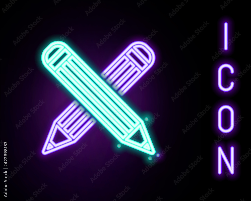 Glowing neon line Crossed pencil icon isolated on black background. Education sign. Drawing and educational tools. School office symbol. Colorful outline concept. Vector Glowing neon line Crossed pencil icon isolated on black background. Education sign. Drawing and educational tools. School office symbol. Colorful outline concept. Vector