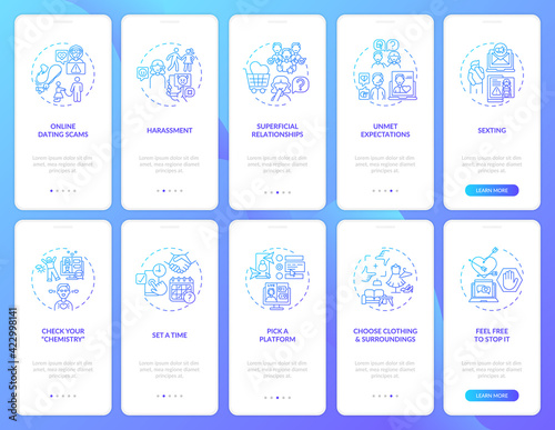 Pick platform onboarding mobile app page screen with concepts. Unment expectation walkthrough 10 steps graphic instructions. UI, UX, GUI vector template with linear color illustrations