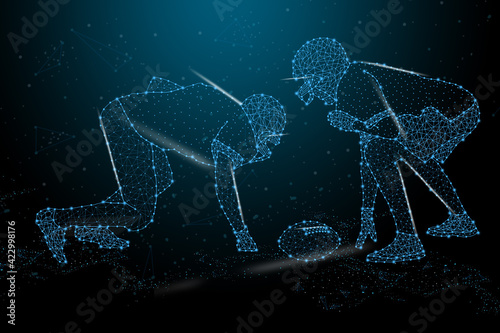 Football players American Football ball made of illuminated shapes. Illustration consisting glowing lines, points and polygons in the form of a ball the sport of Rugby. Abstract 3D neon 