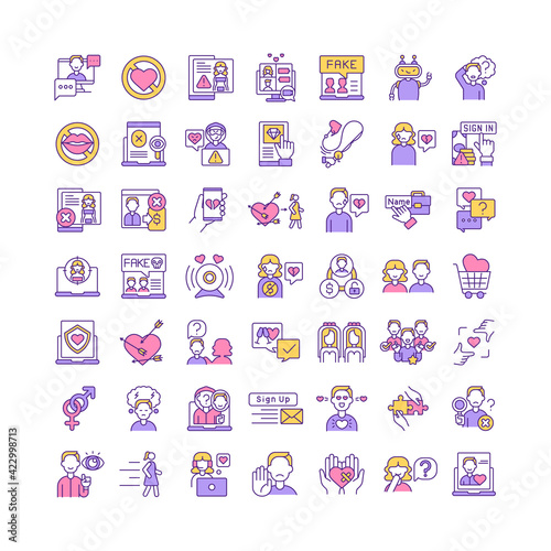 Online dating RGB color icons set. Broken heart, fraud. Building relationship in virtual reality. Sign up on dating site. Romantic messages. Find love in internet isolated vector illustrations