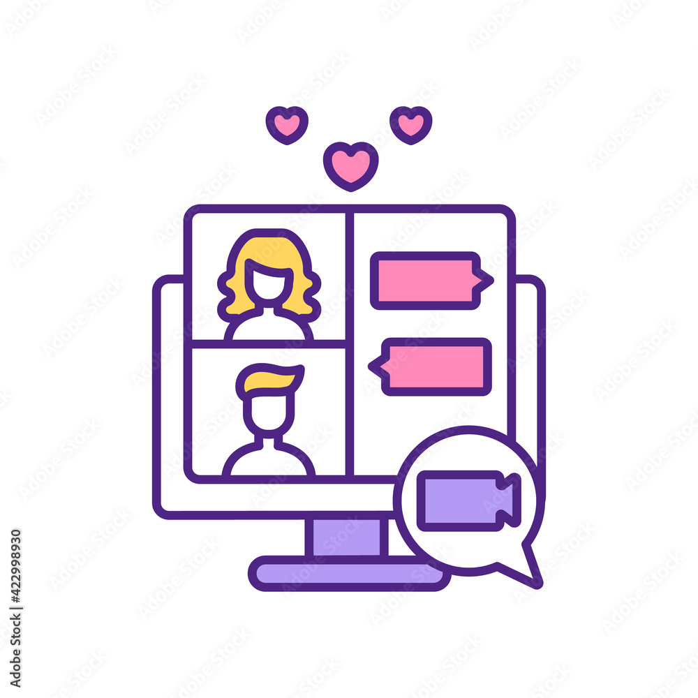 Relationship building on dating website RGB color icon. Man and woman finding love online. Webcam romantic chatting. Couple talking in virtual world isolated vector illustration Relationship building on dating website RGB color icon. Man and woman finding love online. Webcam romantic chatting. Couple talking in virtual world isolated vector illustration