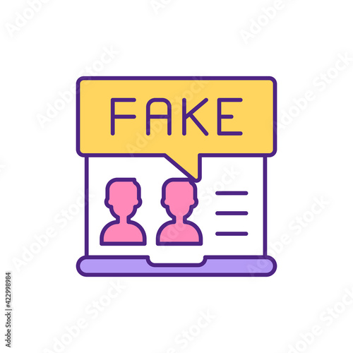 Fake profile photos on dating website RGB color icon. Hide personality on internet. Pretend to be another person for popularity. User misinformation isolated vector illustration