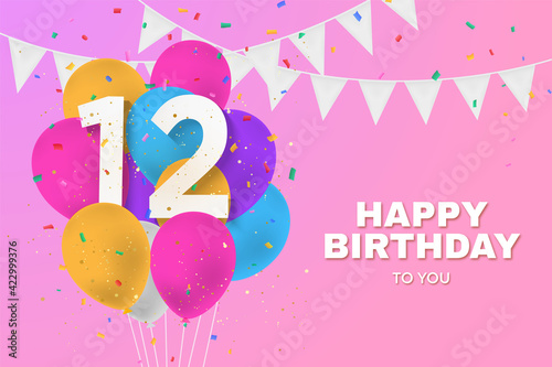 Happy 12th birthday balloons greeting card background. 12 years anniversary. 12th celebrating with confetti. Illustration stock photo