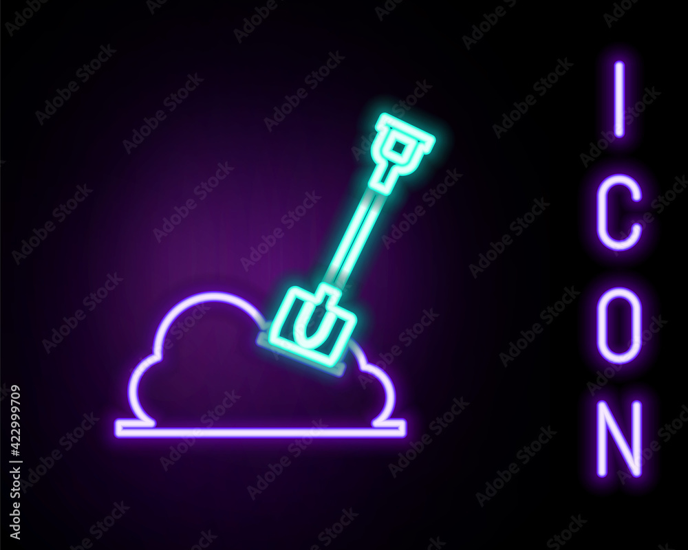 Glowing neon line Shovel in the ground icon isolated on black background. Gardening tool. Tool for horticulture, agriculture, farming. Colorful outline concept. Vector Glowing neon line Shovel in the ground icon isolated on black background. Gardening tool. Tool for horticulture, agriculture, farming. Colorful outline concept. Vector