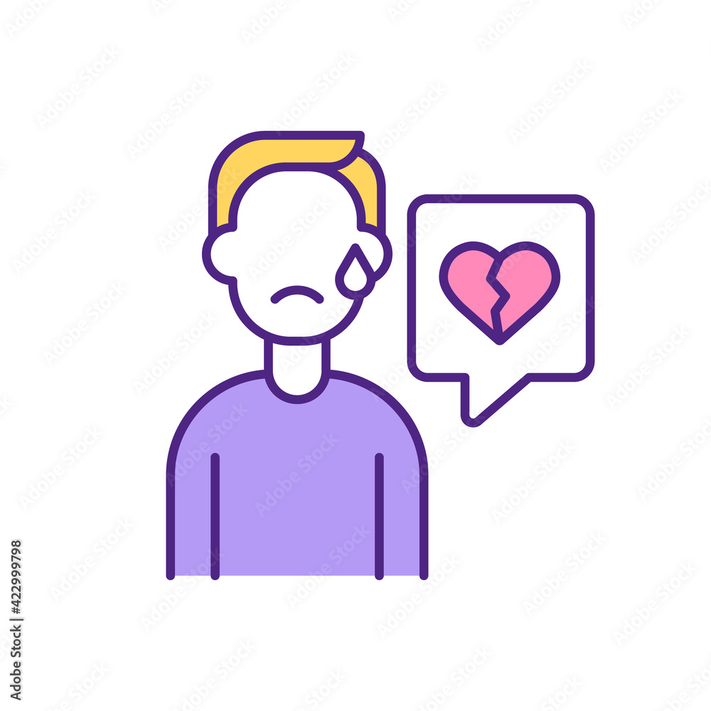 Broken hearted man crying RGB color icon. Lonely, upset, depressed male character. Sadness after divorce, breakup, betrayal. End of romantic relationship isolated vector illustration Broken hearted man crying RGB color icon. Lonely, upset, depressed male character. Sadness after divorce, breakup, betrayal. End of romantic relationship isolated vector illustration