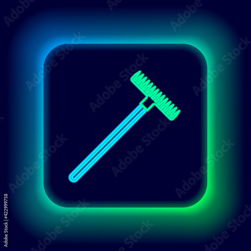 Glowing neon line Garden rake icon isolated on black background. Tool for horticulture, agriculture, farming. Ground cultivator. Housekeeping equipment. Colorful outline concept. Vector