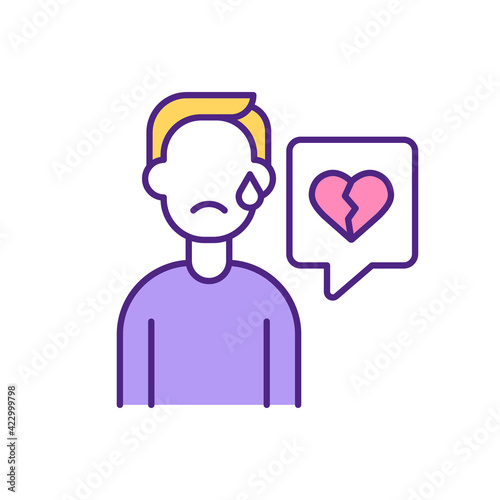 Broken hearted man crying RGB color icon. Lonely, upset, depressed male character. Sadness after divorce, breakup, betrayal. End of romantic relationship isolated vector illustration