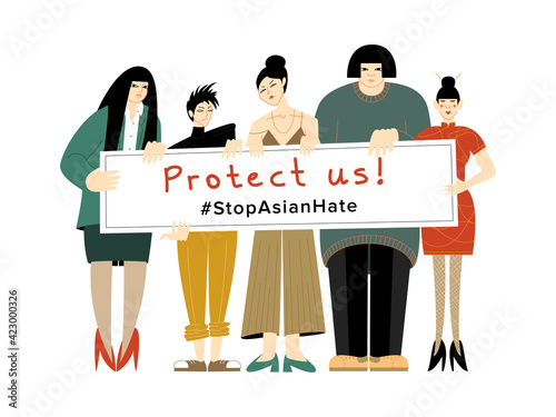 A vector illustration of a group of women of asian origin protesting against the racial hatred with the sign banner stop asian hate. A demonstration on social injustice problem, xenophobia, misogyny.